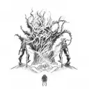 A sketch-style tattoo of the Creation of Adam with Attack on Titan characters replacing the figures tattoo design idea