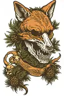 Fox skull with pines and pine trees in the back tattoo design idea