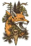 Fox skull with pines and pine trees in the back tattoo design idea