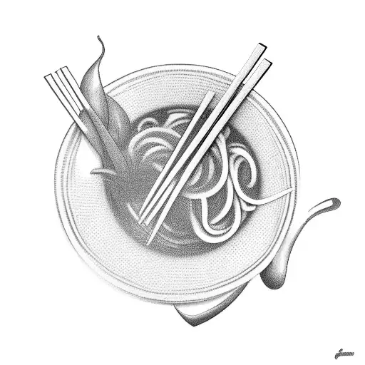 bowl of noodles with 3 hot chillis at the front with plus two hands holding the bowl and one has a big wedding ring on tattoo design idea