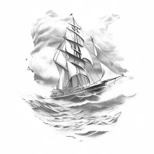 schooner in rough weather with a mermaid, Poseidon, a skull and rose tattoo design idea