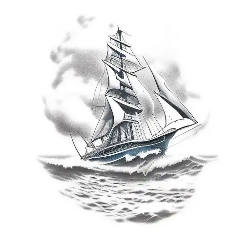 schooner in rough weather with a mermaid, Poseidon, a skull and rose tattoo design idea