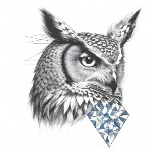 Owl half of it is geometric other realistic, black and white with blue eyes tattoo design idea