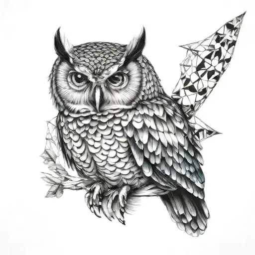 Owl half of it is geometric other realistic, black and white with blue eyes tattoo design idea