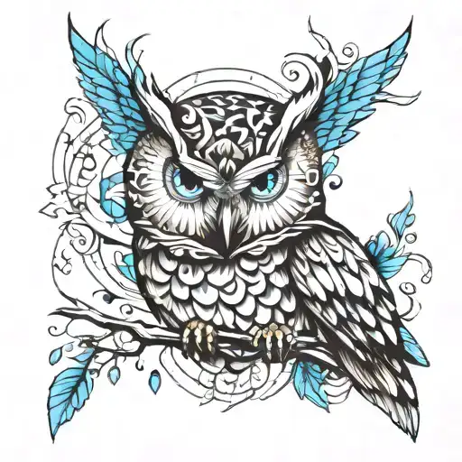 Half realistic owl, other half abstract, all in black and white with blue eyes tattoo design idea