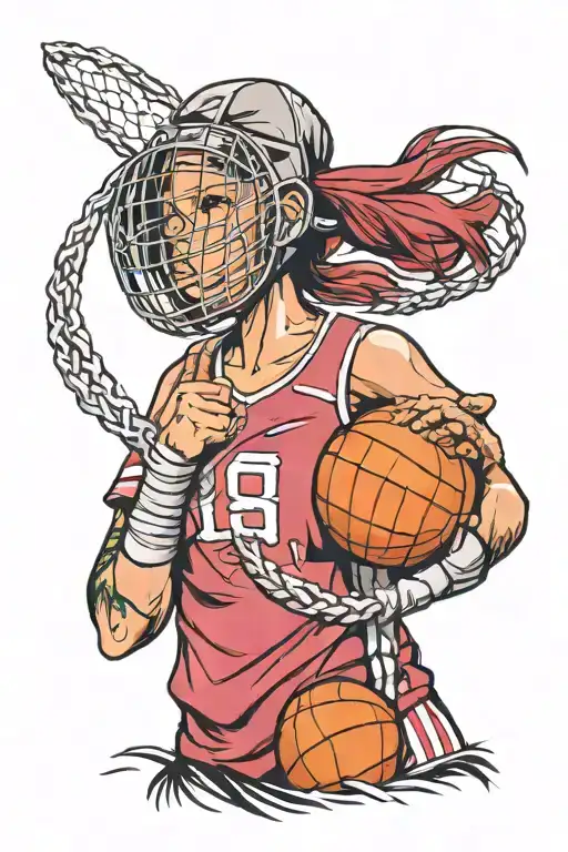 girl in a volleyball jersey, with a fencing mask on her face tattoo design idea