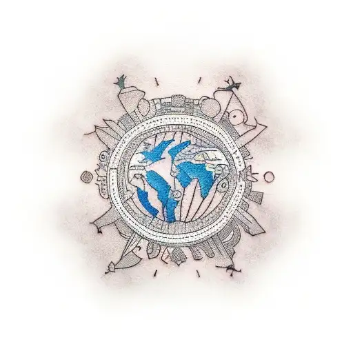 A minimalist tattoo of a globe surrounded by different cultural symbols, representing your appreciation for diverse cultures and travel experiences tattoo design idea
