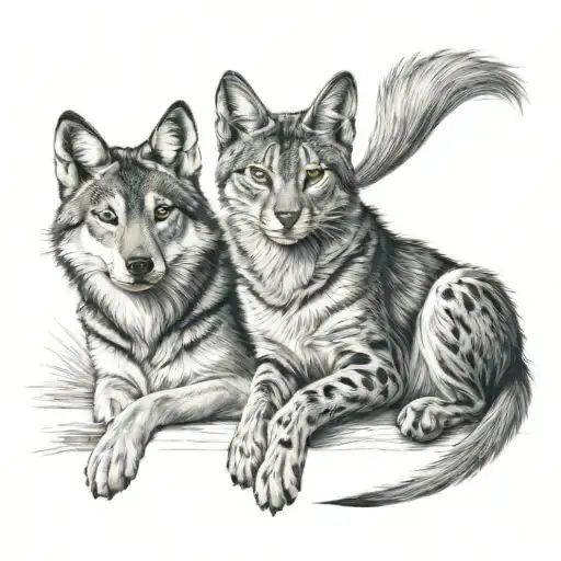 Male wolf cat and female Russian blue cat are sitting tattoo design idea