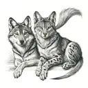 Male wolf cat and female Russian blue cat are sitting tattoo design idea