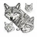 Male wolf cat and female Russian blue cat are sitting tattoo design idea