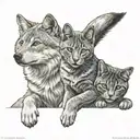 Male wolf cat and female Russian blue cat are sitting tattoo design idea