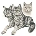 Male wolf cat and female Russian blue cat are sitting tattoo design idea