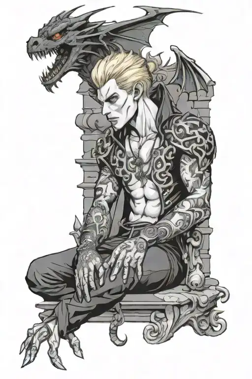 A hot blond male vampire with intricate dragon tattoos, playing a video game in a gothic castle setting tattoo design idea