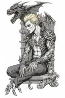 A hot blond male vampire with intricate dragon tattoos, playing a video game in a gothic castle setting tattoo design idea