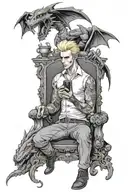 A hot blond male vampire with intricate dragon tattoos, playing a video game in a gothic castle setting tattoo design idea