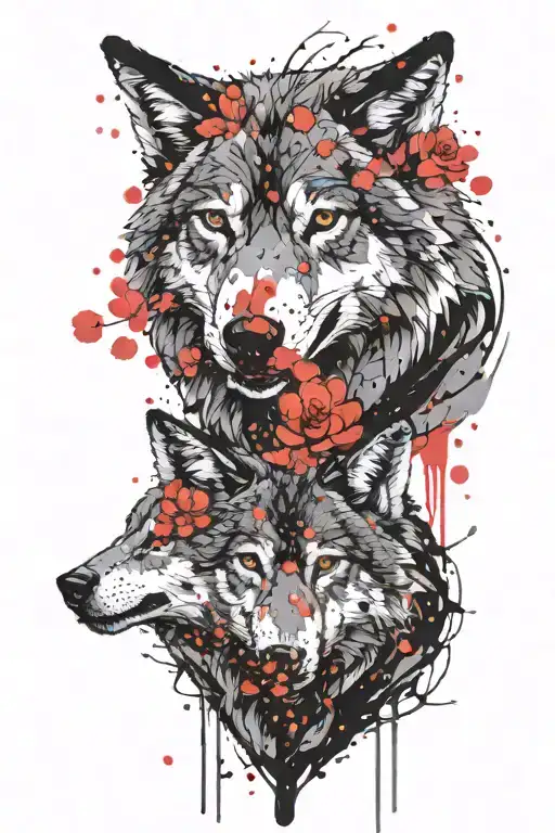 wolves, cherry blossoms falling, kings crown  tattoo design idea
