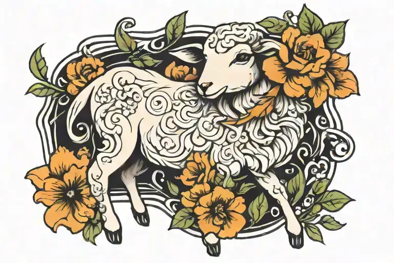 lamb and floral tattoo design idea