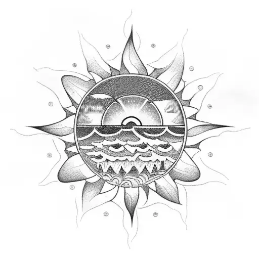 A thigh tattoo of a beach scene with palm trees, waves, and a geometric sun setting in the background tattoo design idea