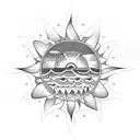 A thigh tattoo of a beach scene with palm trees, waves, and a geometric sun setting in the background tattoo design idea