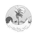 A thigh tattoo of a beach scene with palm trees, waves, and a geometric sun setting in the background tattoo design idea