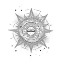 A thigh tattoo of a beach scene with palm trees, waves, and a geometric sun setting in the background tattoo design idea