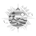 A thigh tattoo of a beach scene with palm trees, waves, and a geometric sun setting in the background tattoo design idea