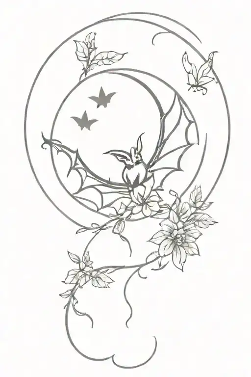 moon intertwined, bat hanging upside, floral design tattoo design idea