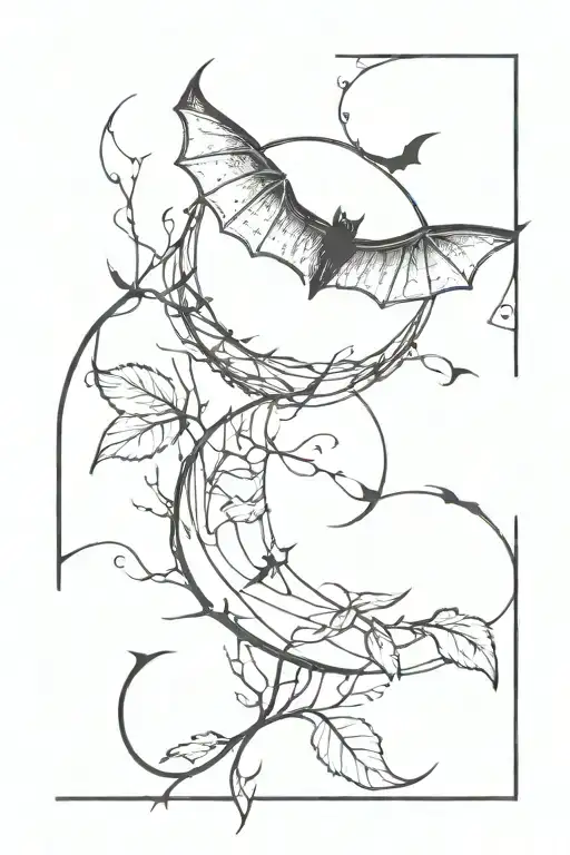half moon intertwined, bat flying, bat hanging upside, vines  tattoo design idea