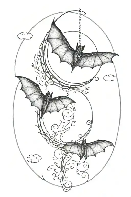half moon intertwined, bat flying, bat hanging upside, vines  tattoo design idea