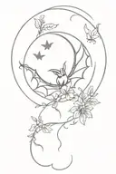 moon intertwined, bat hanging upside, floral design tattoo design idea