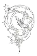 moon intertwined, bat hanging upside, floral design tattoo design idea