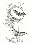 half moon intertwined, bat flying, bat hanging upside, vines  tattoo design idea