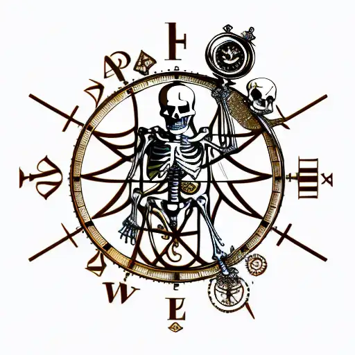 skeleton holding hourglass, compass, Phoenix, double arm band tattoo design idea