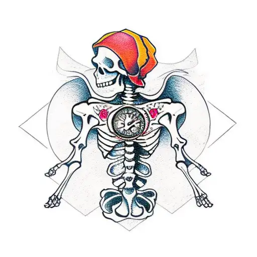 skeleton holding hourglass, compass, Phoenix, double arm band tattoo design idea