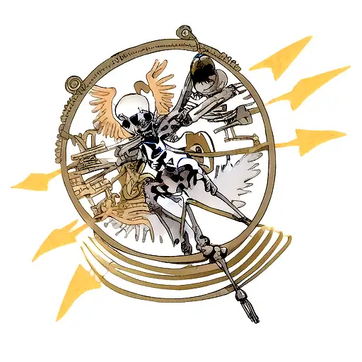 skeleton holding hourglass, compass, Phoenix, double arm band tattoo design idea