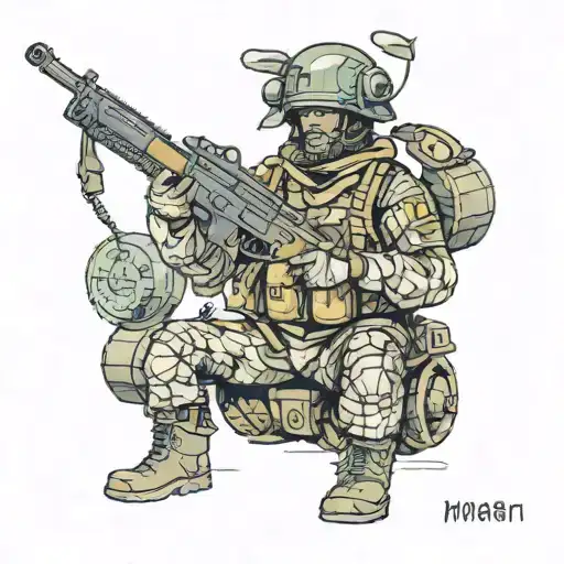 mortarman, soldier 2024, artilleryman, so that he wears a helmet, and also that there is a warhead, Ukrainian soldier  tattoo design idea