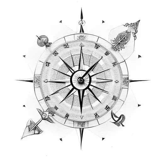 Roman clock, compass, goddess, arrow, yin yang, 4k tattoo design idea