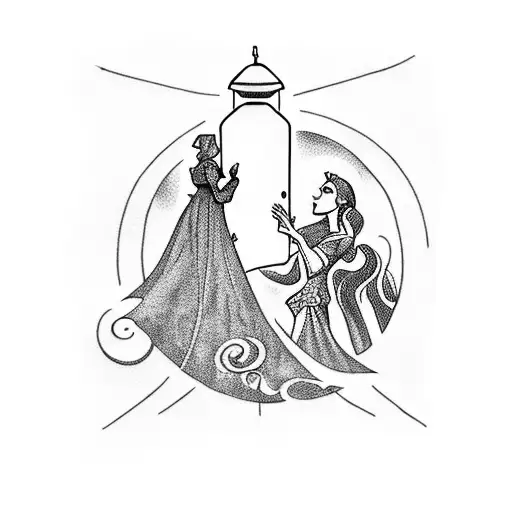 A blackwork tattoo of a silhouette of Rapunzel releasing a lantern into the night sky tattoo design idea