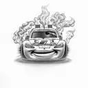 A black-grey tattoo of Lightning McQueen racing on a track with smoke and tire marks behind him tattoo design idea