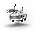 A black-grey tattoo of Lightning McQueen racing on a track with smoke and tire marks behind him tattoo design idea