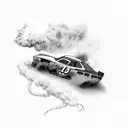 A black-grey tattoo of Lightning McQueen racing on a track with smoke and tire marks behind him tattoo design idea