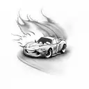 A black-grey tattoo of Lightning McQueen racing on a track with smoke and tire marks behind him tattoo design idea