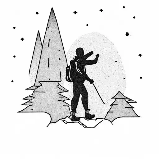A silhouette of a hiker standing on a mountain peak, with stars twinkling in the night sky above tattoo design idea