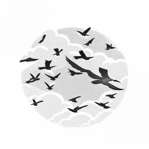 A flock of birds soaring through a sunset-lit sky over a serene mountain landscape tattoo design idea