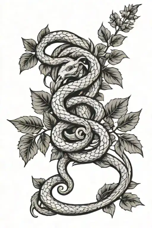 Staff of Asclepius and snake and leaves tattoo design idea