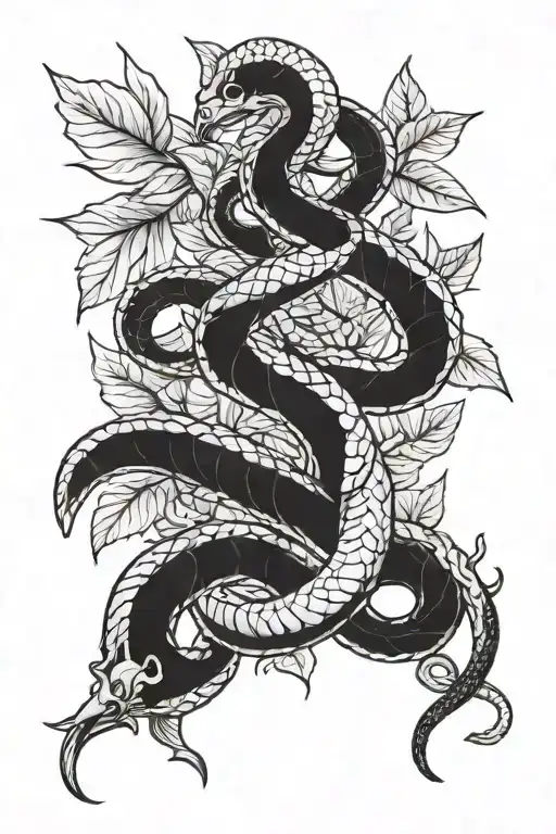 Rod of Asclepius and snake and leaves tattoo design idea