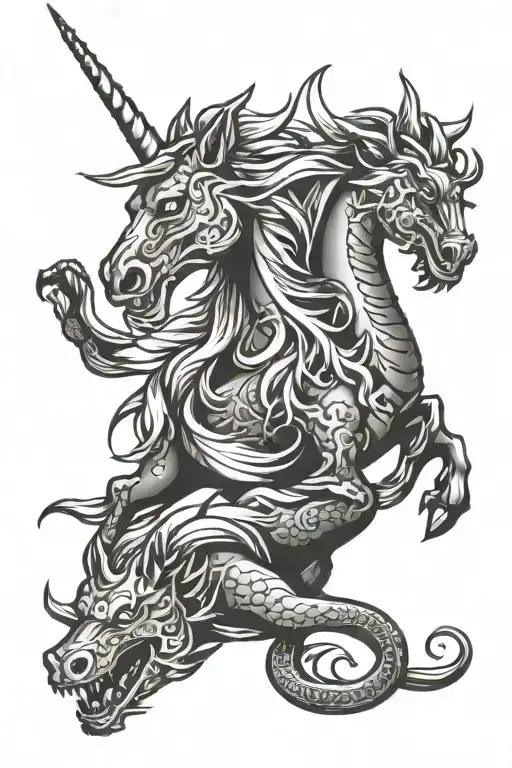 unicorn and dragon wrapped tattoo design idea