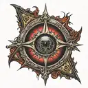 Dark black broke Satanic cross Realistic Eye, cracked and bleeding. dark black and blood red. golden cross. demonic tattoo design idea