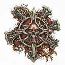 Dark black broke Satanic cross Realistic Eye, cracked and bleeding. dark black and blood red. golden cross. demonic tattoo design idea