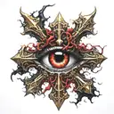 Dark black broke Satanic cross Realistic Eye, cracked and bleeding. dark black and blood red. golden cross. demonic tattoo design idea